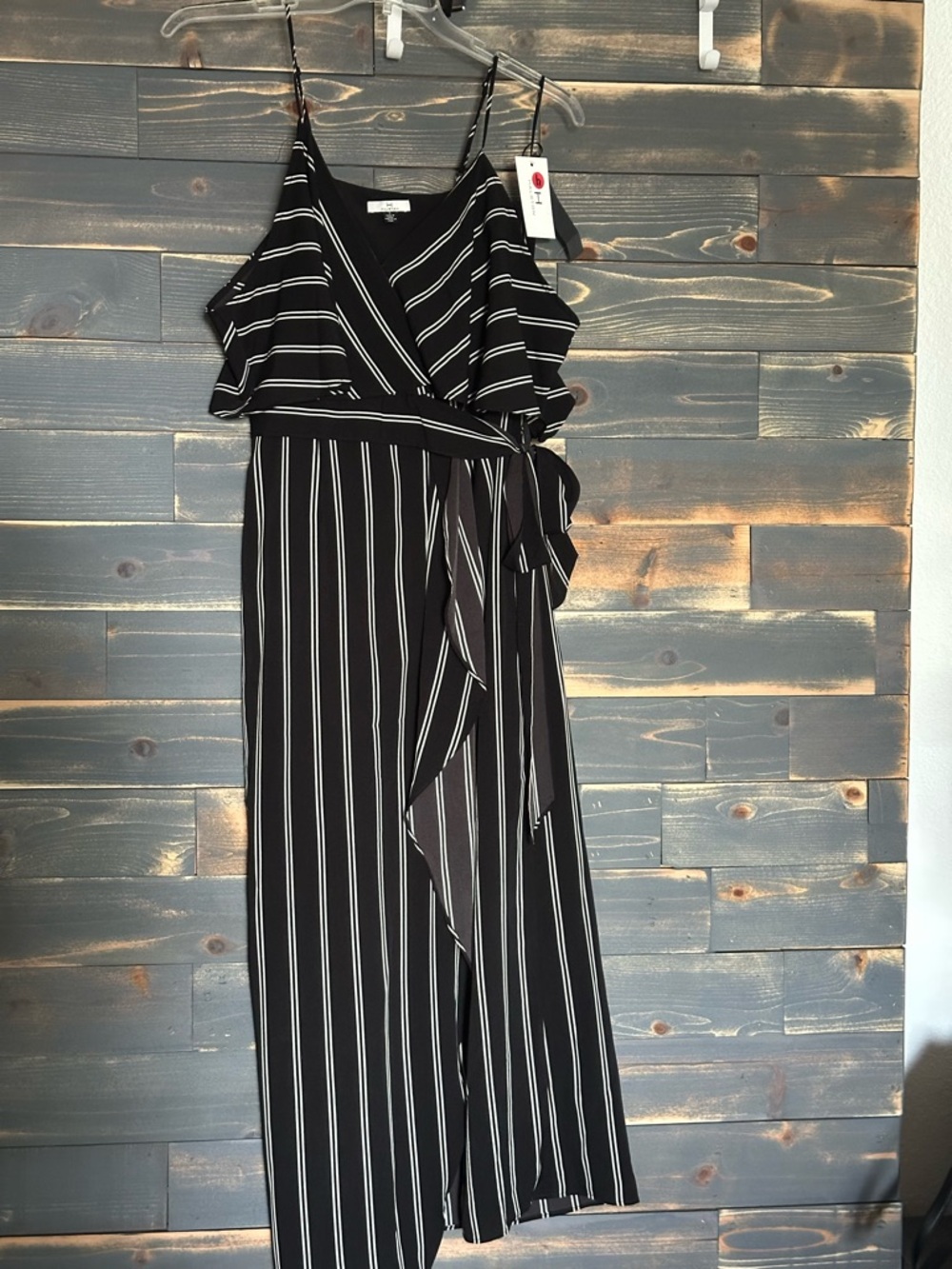 H by Halston Black and White Striped Midi Cold Shoulder Faux Wrap Dress